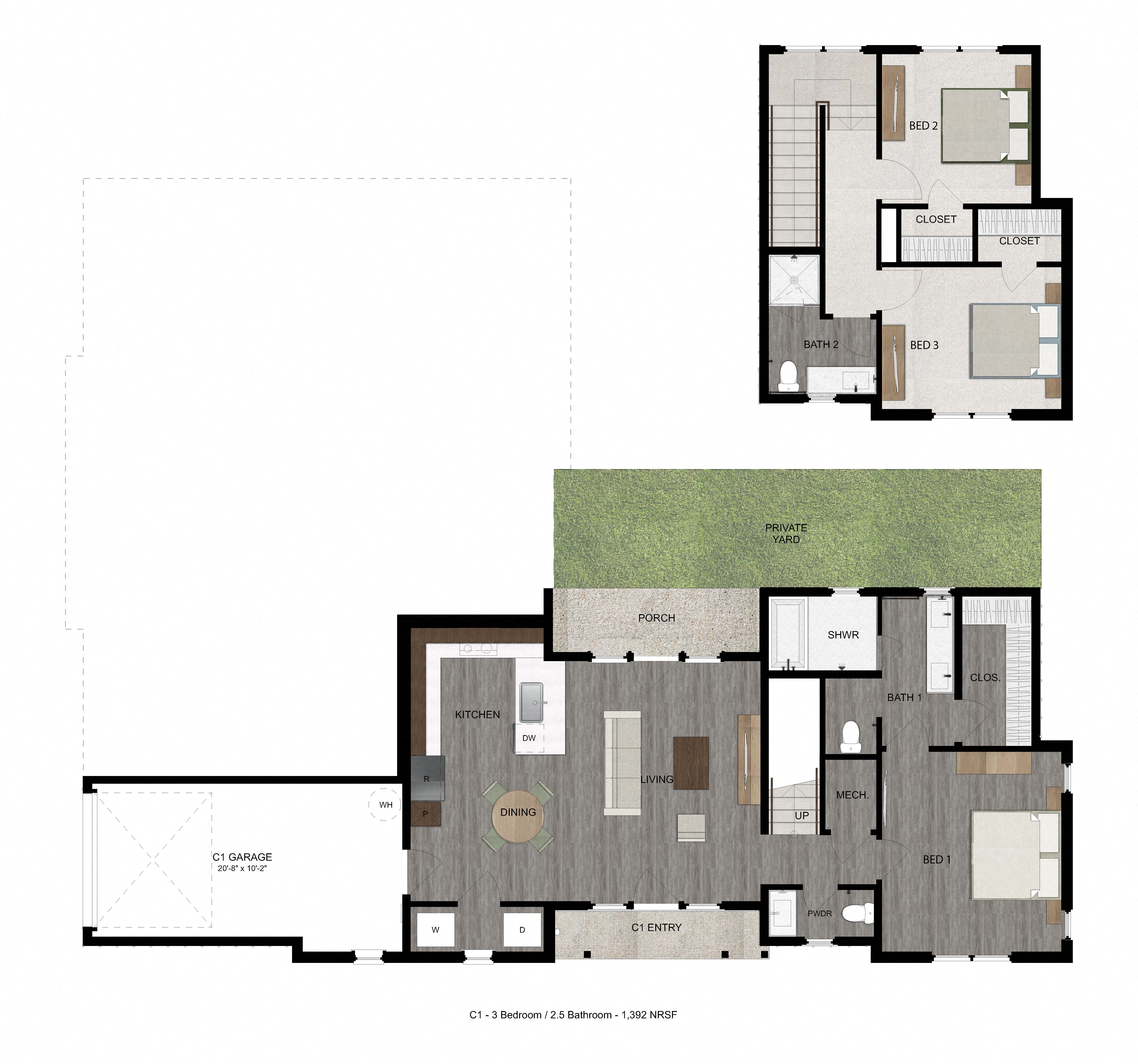 Floor plan for 3 beds, 2.5 baths, 1392 sqft